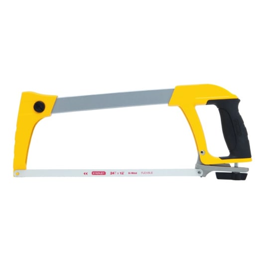 STANLEY STHT20140 hacksaw with steel frame, 150kg tension, adjustable angles, bi-material handle, and storage for 8 blades.