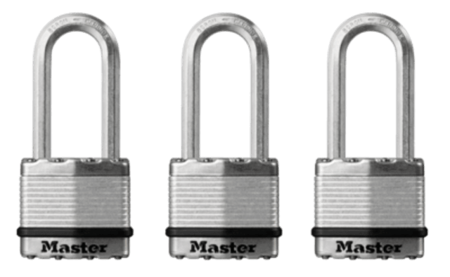 Durable Master Lock Magnum padlock with long shackle, weather-resistant design, and high security features, ideal for outdoor use.