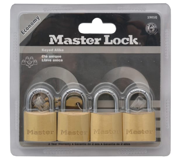 Four 30mm brass padlocks with keyed alike convenience, featuring durable construction and corrosion resistance for secure access.