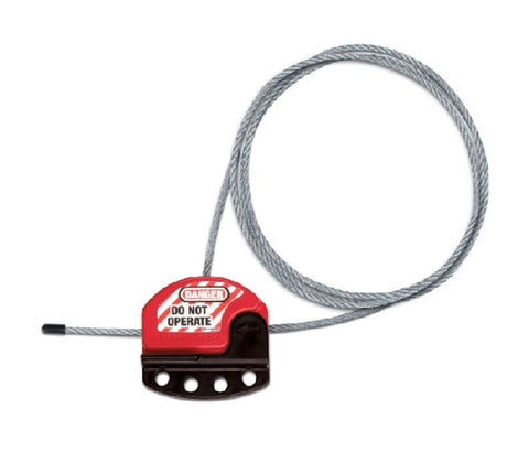 Adjustable cable lockout with 900mm steel cable, 4 lockout points, and reusable safety labels for effective workplace safety.