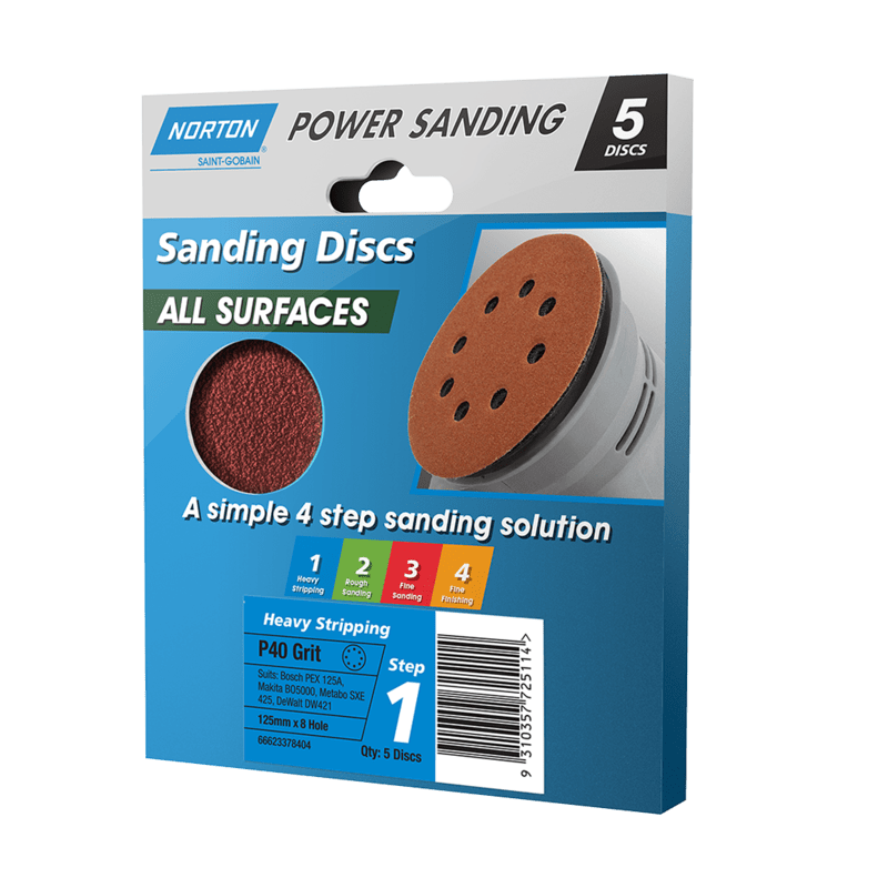 Norton Power Sanding Paper H&L Disc P40 Grit 125mm Pack of 5 (Pack)
