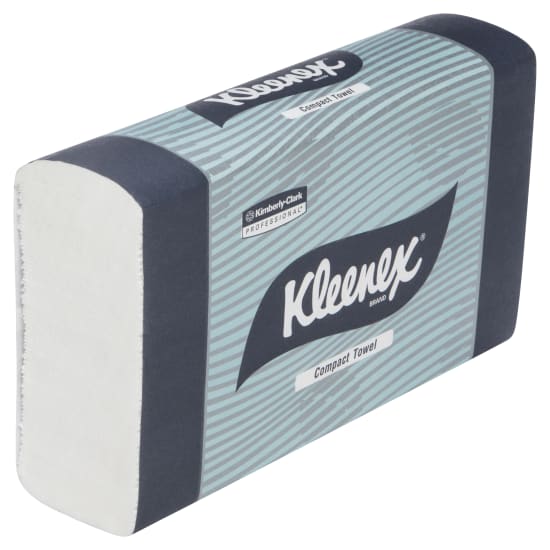 Kleenex Compact Paper Towels in a case of 24 packs, 90 absorbent sheets each, designed for tight spaces with advanced Airflex technology.