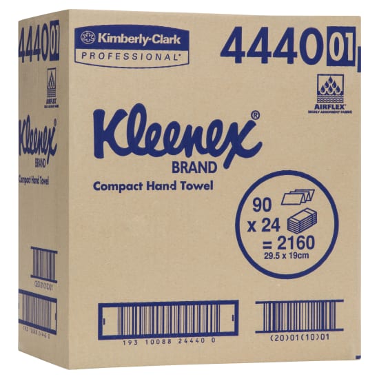 Kleenex 1-ply Compact Paper Towels in a case of 24 packs, each with 90 absorbent sheets for small bathrooms and tight spaces.