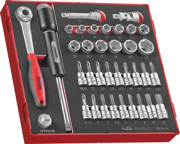 Teng 36pc socket set in TC tray with removable lid, includes 3/8" drive sockets 8-22mm and various TX/hex bits.