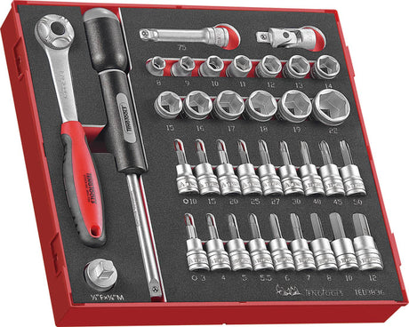 Teng 36pc socket set in TC tray with removable lid, includes 3/8" drive sockets 8-22mm and various TX/hex bits.