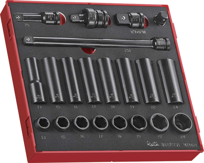 21-piece Teng Metric Impact Socket set in a modular tray, includes 13mm to 24mm sockets, extensions, and adaptors for versatile use.