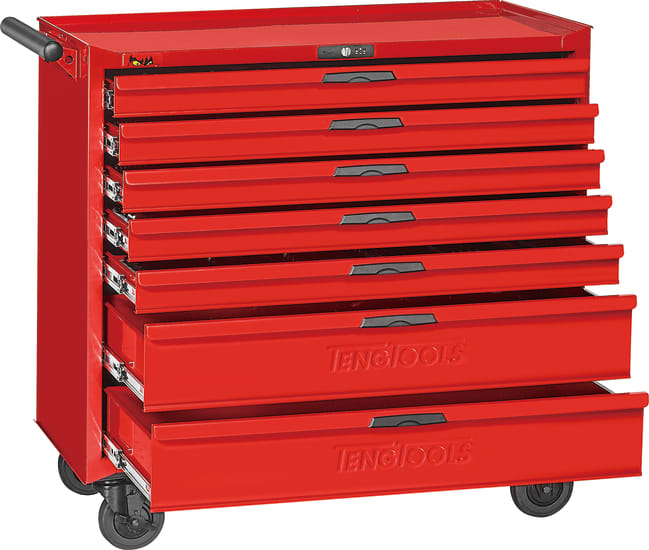 Teng 7 Drawer 8-Series Roller Cabinet with secure lock, 30kg drawer capacity, heavy-duty mobility, and protective mats.