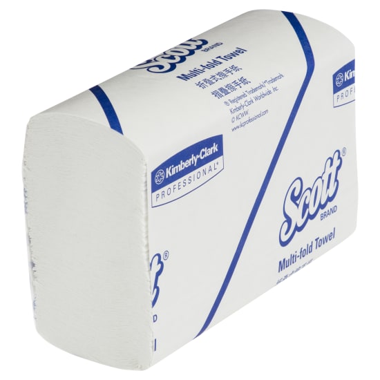 Scott 1-ply Multifold Paper Towel case with 16 packs of 250 sheets, designed for efficient hand drying and hygiene.