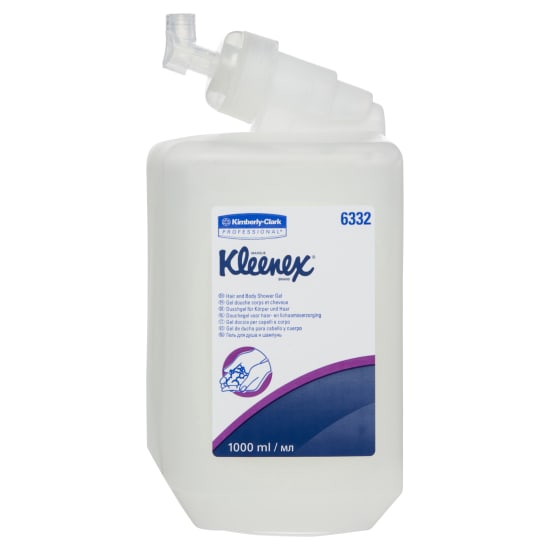 Kleenex Shower Gel 1000ml, premium cleanser for soft, nourished skin with up to 1111 uses, easy-to-load cartridge design.