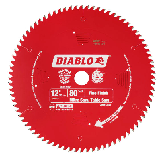 Circular saw blade 12" 305MM 80T designed for fine finish crosscuts in hardwoods and softwoods, ensuring chip-free cuts.