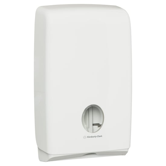 Compact white towel dispenser for Kleenex, offering hygienic one-at-a-time dispensing, ideal for smaller washrooms.