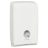 Compact white towel dispenser for Kleenex, offering hygienic one-at-a-time dispensing, ideal for smaller washrooms.