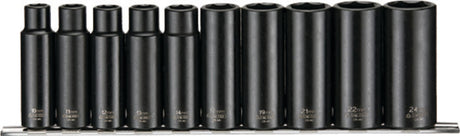 Teng 10pc 1/2in Drive Deep Impact Socket Set, 10-24mm, durable chrome molybdenum with 6-point openings on clip rail.