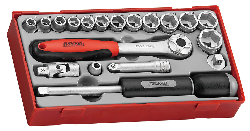 Teng 19pc socket set featuring 13 durable 6-point sockets from 8mm to 22mm, ratchet, extension bar, and organized in a TC tray.