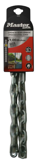 Masterlock Security Chain featuring tough cut square links, 1m x 9mm zinc-coated steel, ideal for high-security applications.