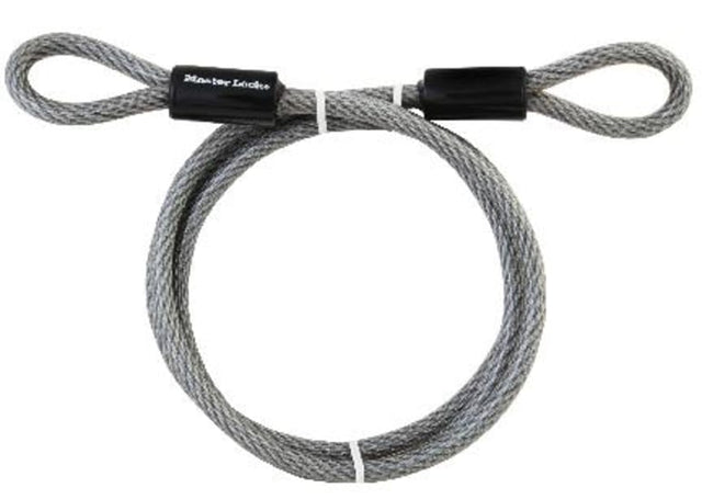 Master Lock 1.8m braided steel cable with loops for padlocks, rust-resistant, durable, and perfect for securing outdoor gear.