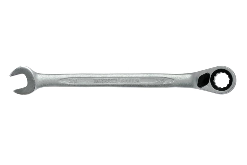 Teng 3/8in Reversible Ratchet Comb Spanner, features 12-point heads, 15-degree offset, and durable Chrome Vanadium Steel construction.