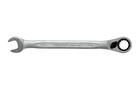 Teng 7/16in Reversible Ratchet Comb Spanner with polished heads and 15-degree offset for efficient tight-space use.