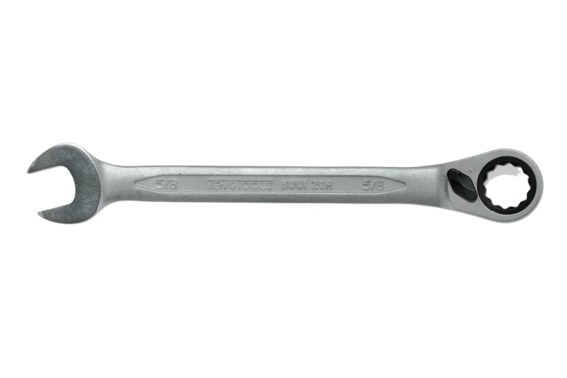 Teng 5/8" Combination Spanner with reversible ratchets, polished finish, and 15-degree offset for tight spaces.