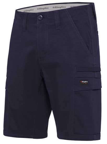 KingGee Ripstop Workcool Pro Shorts in navy, size 112, featuring breathable fabric, comfort stretch waistband, and nine pockets.