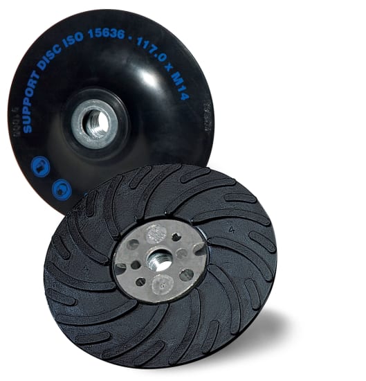 115mm Turbo Fibre Disc Back Up Pad with ribbed surface for heat dissipation and extended disc life, ideal for grinding projects.