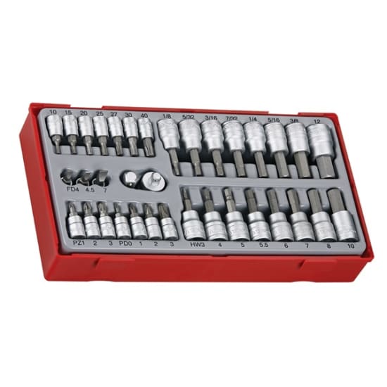 Teng 35pc socket set with 1/4" and 3/8" drives, includes 33 bit sockets and TC-Tray for organized tool storage.