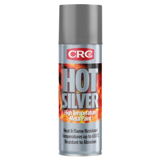 High-temp aerosol paint in silver, providing durable, flame-resistant coating for metal surfaces up to 650°C.