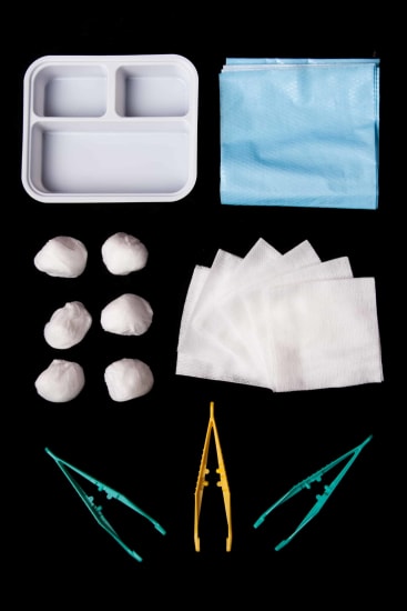 Sterile Dressing Pack with essential supplies for wound care, featuring non-woven swabs, forceps, and drapes for safety.