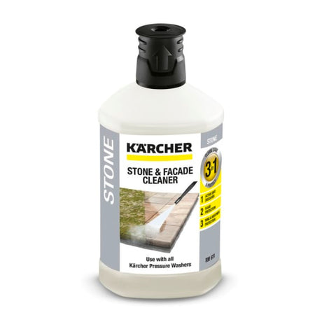 Karcher Stone & Facade Cleaner 1L bottle, designed for effective cleaning and protection of stone surfaces with algae resistance.