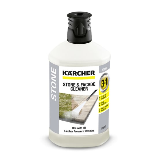 Karcher Stone & Facade Cleaner 1L bottle, designed for effective cleaning and protection of stone surfaces with algae resistance.