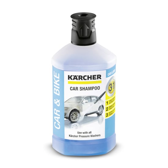 Karcher Car Shampoo 1L bottle featuring a 3-in-1 formula for exceptional cleaning and ultra-shine finish for all vehicles.