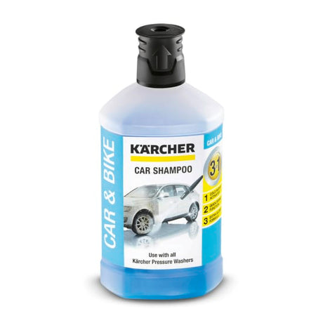 Karcher Car Shampoo 1L bottle featuring a 3-in-1 formula for exceptional cleaning and ultra-shine finish for all vehicles.