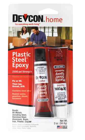 Devcon Plastic Steel Epoxy pack with two tubes, ideal for strong metal repairs and gap filling, waterproof and paintable.