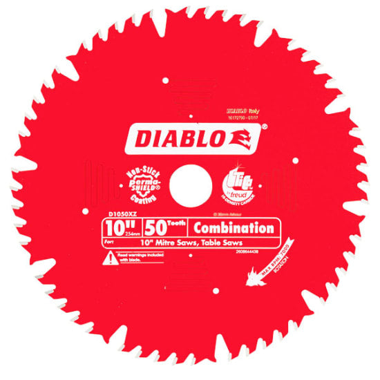 Diablo saw blade 50T combination, 10"/254mm, ideal for smooth ripping and crosscutting of wood and composites.