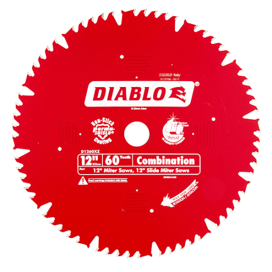 Premium Diablo 60T saw blade, 12" for precise ripping and crosscutting of wood; features TiCo carbide for durability and clean cuts.