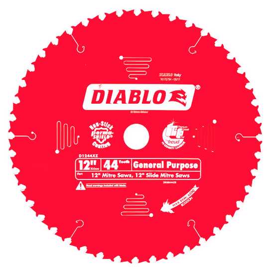 Diablo 12" saw blade with 44 teeth, designed for smooth cuts in wood, plywood, and decking with durable carbide tips.