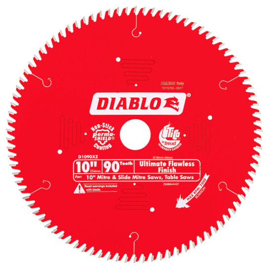 Diablo 10-inch saw blade with 90 teeth delivers precision, splinter-free cuts for woodworking and fine trim applications.