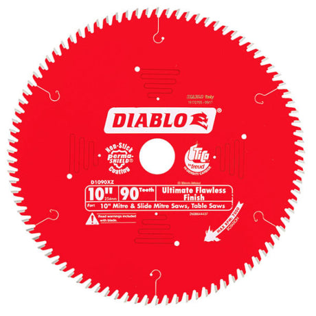 Diablo 10-inch saw blade with 90 teeth delivers precision, splinter-free cuts for woodworking and fine trim applications.