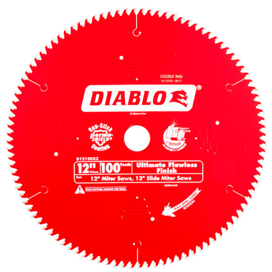 Diablo 12" saw blade with 100 teeth, engineered for splinter-free cuts in wood, melamine, and veneered plywood.