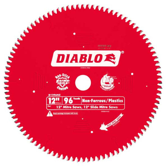 Diablo 12" saw blade with 96 teeth designed for clean cuts in non-ferrous metals and plastics, featuring a non-stick coating.