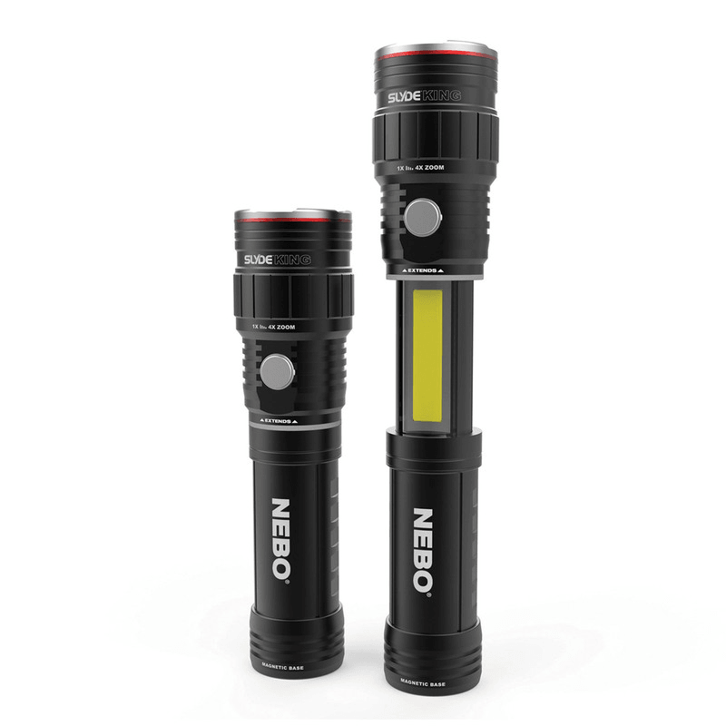 Nebo Slyde King 2K flashlight: 2000 lumens, 4x zoom, USB-C rechargeable, robust, waterproof, ergonomic grip, magnetic base.