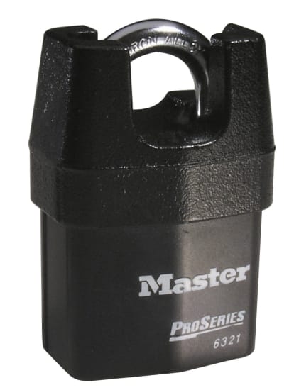 Master Lock 6321 heavy-duty padlock with laminated steel body, weather resistance, and dual ball bearing locking for enhanced security.