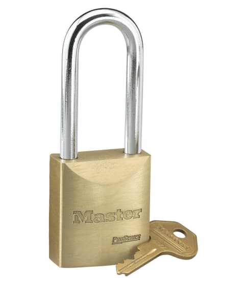 Solid brass Master Lock 6840 padlock with keyed alike convenience, dual ball bearing locking, and high security shackle.