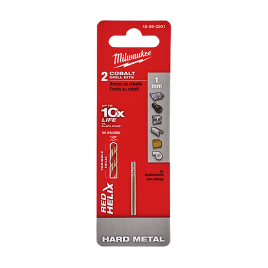 Milwaukee Red Helix Cobalt drill bits in a 2-pack, designed for durability and precision in hard metal applications.