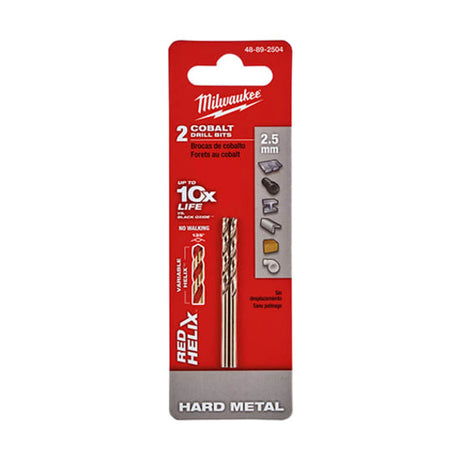 Milwaukee Red Helix Cobalt drill bits, 2 pack, 2.5mm, designed for durability in hard metals with precision split point and efficient chip removal.