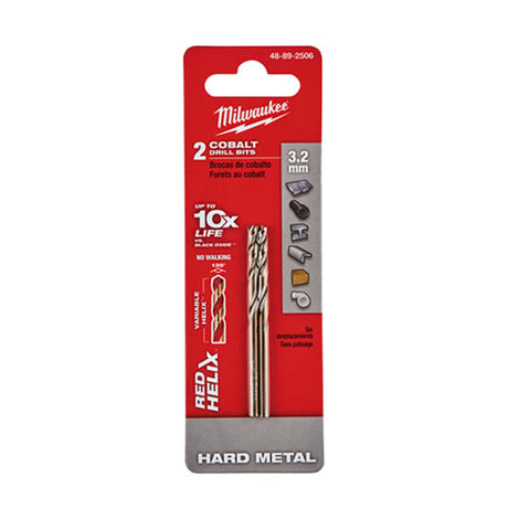 Milwaukee Red Helix Cobalt Drill Bits (2 Pk-3.2mm) for precise drilling in hard metals, featuring 135-degree tip and variable helix design.