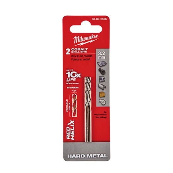 Milwaukee Red Helix Cobalt Drill Bits (2 Pk-3.2mm) for precise drilling in hard metals, featuring 135-degree tip and variable helix design.