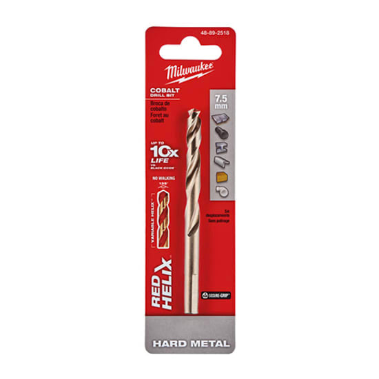 Milwaukee Red Helix Cobalt Drill Bit 7.5mm, designed for precision and durability in hard metal applications.