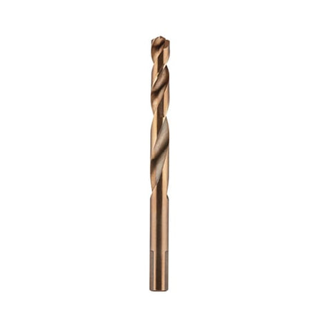 Milwaukee 10mm Red Helix Cobalt Drill Bit, featuring a 135° split point, variable helix design for precision in hard metals.