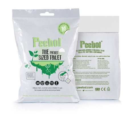 Peebol Absorbent Pouch in carton, designed for discreet and hygienic urine disposal; holds 1L, portable, reusable, and eco-friendly.